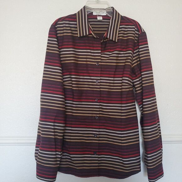 Coldwater Creek Blouse Size S 8 Brown Red Stripe No Iron Long Sleeve Button - Picture 15 of 15